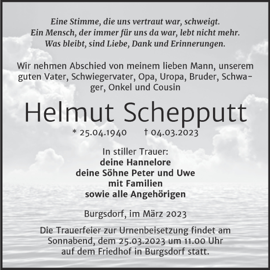 Traueranzeige von Helmut Schepputt von Trauerkombi Mansfelder Land