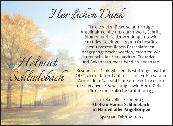 Traueranzeige von Helmut Schladebach von Trauerkombi Merseburg