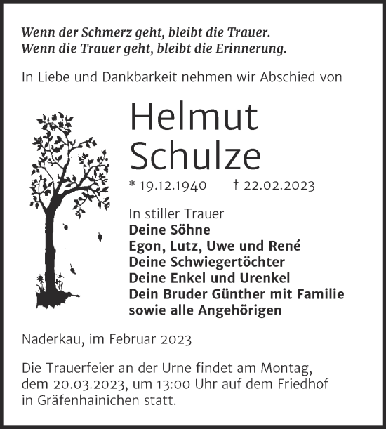 Traueranzeige von Helmut Schulze von Trauerkombi Wittenberg