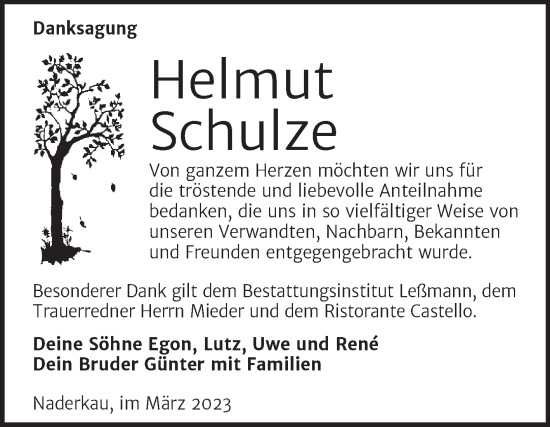 Traueranzeige von Helmut Schulze von Trauerkombi Wittenberg