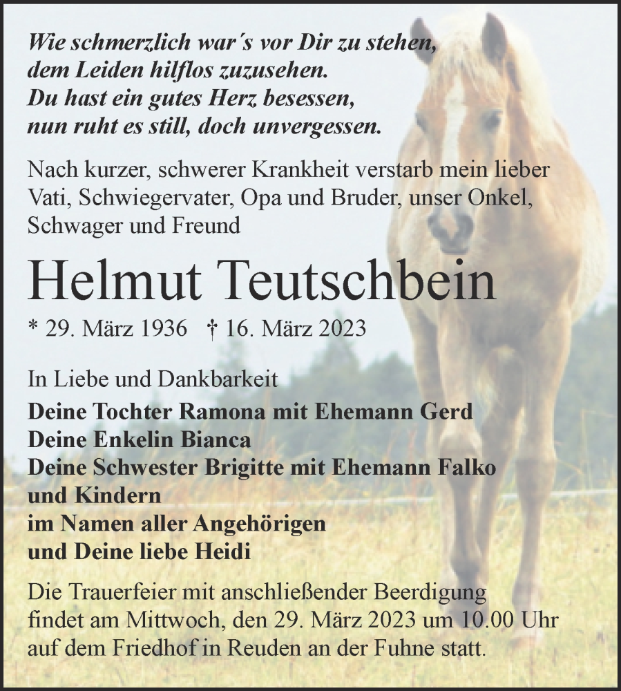  Traueranzeige für Helmut Teutschbein vom 18.03.2023 aus Trauerkombi Bitterfeld