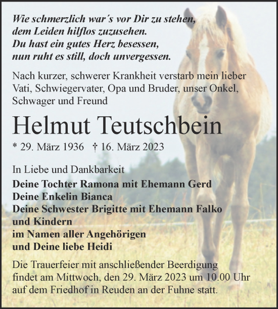 Traueranzeige von Helmut Teutschbein von Trauerkombi Bitterfeld