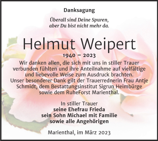 Traueranzeige von Helmut Weipert von Super Sonntag Naumburg/Nebra