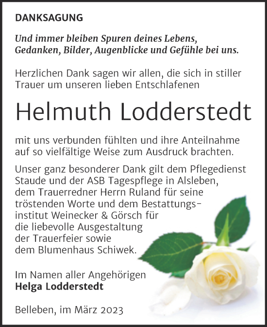 Traueranzeige von Helmuth Lodderstedt von Trauerkombi Bernburg