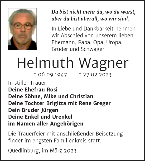 Traueranzeige von Helmuth Wagner von Trauerkombi Quedlinburg