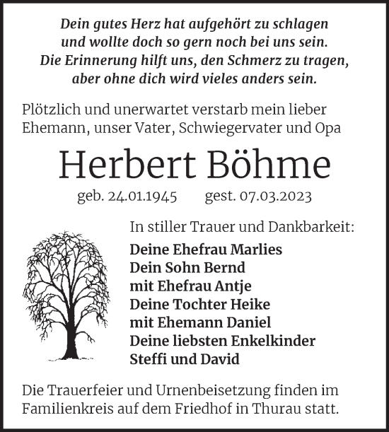 Traueranzeige von Herbert Böhme von Trauerkombi Köthen