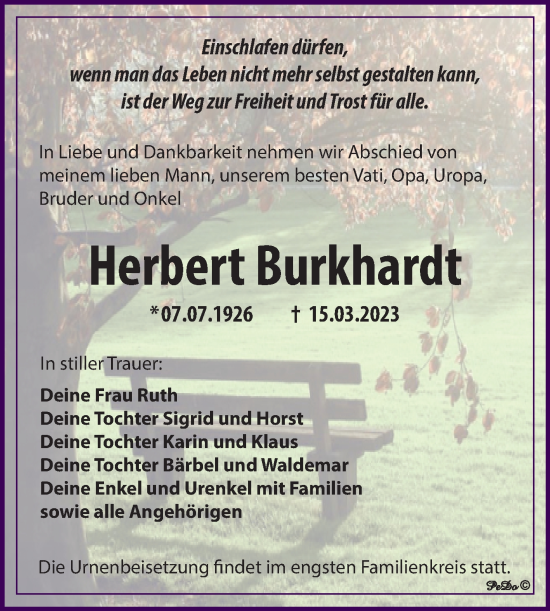 Traueranzeige von Herbert Burkhardt von Trauerkombi Zeitz