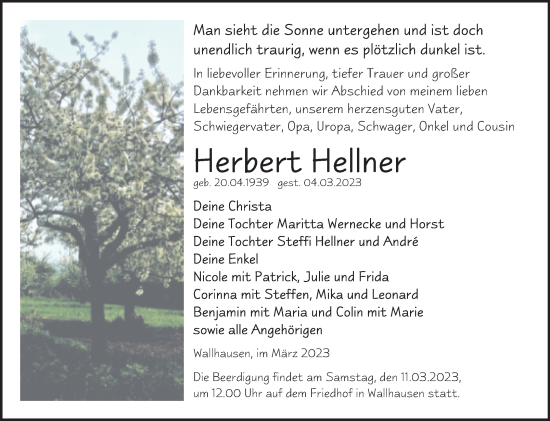 Traueranzeige von Herbert Hellner von Trauerkombi Sangerhausen