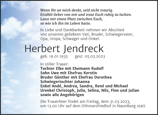 Traueranzeige von Herbert Jendreck von Naumburger Tageblatt