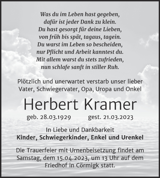 Traueranzeige von Herbert Kramer von Trauerkombi Bernburg