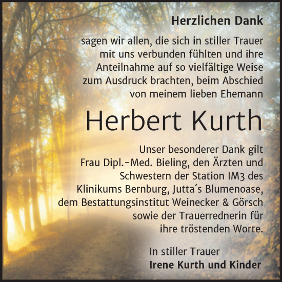 Traueranzeige von Herbert Kurth von Trauerkombi Bernburg