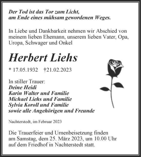 Traueranzeige von Herbert Liehs von Trauerkombi Aschersleben