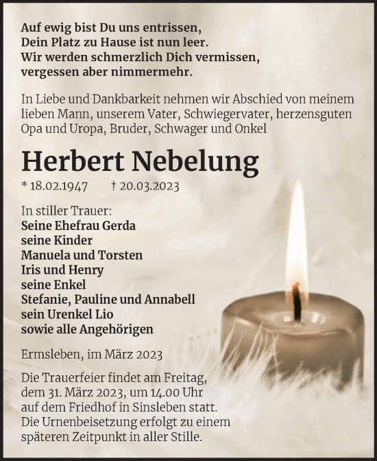 Traueranzeige von Herbert Nebelung von Trauerkombi Quedlinburg