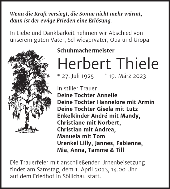 Traueranzeige von Herbert Thiele von Trauerkombi Wittenberg