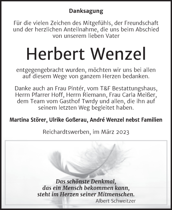 Traueranzeige von Herbert Wenzel von Trauerkombi Weißenfels
