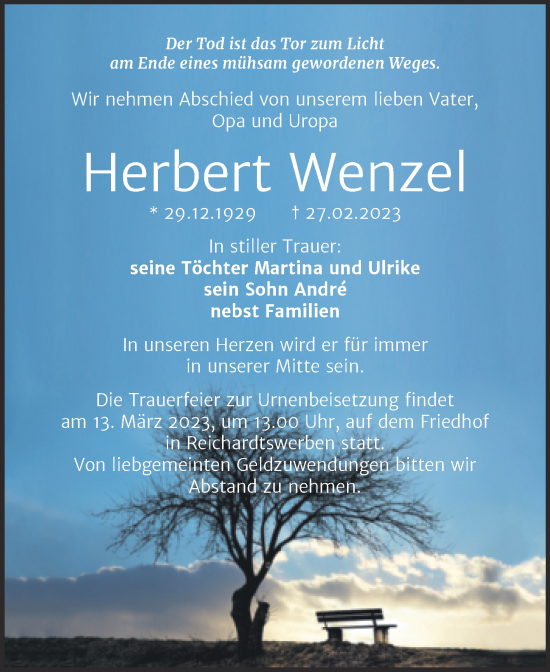 Traueranzeige von Herbert Wenzel von Trauerkombi Weißenfels