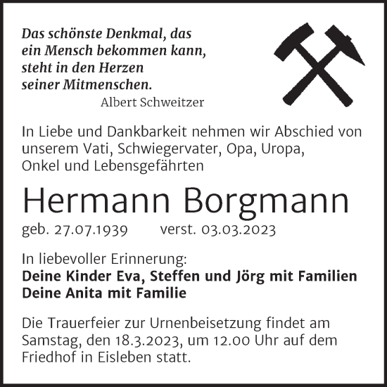 Traueranzeige von Hermann Borgmann von Trauerkombi Mansfelder Land