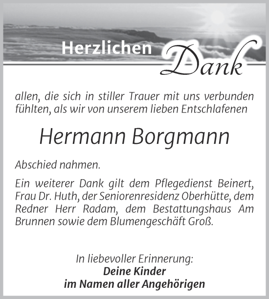 Traueranzeige von Hermann Borgmann von Trauerkombi Mansfelder Land
