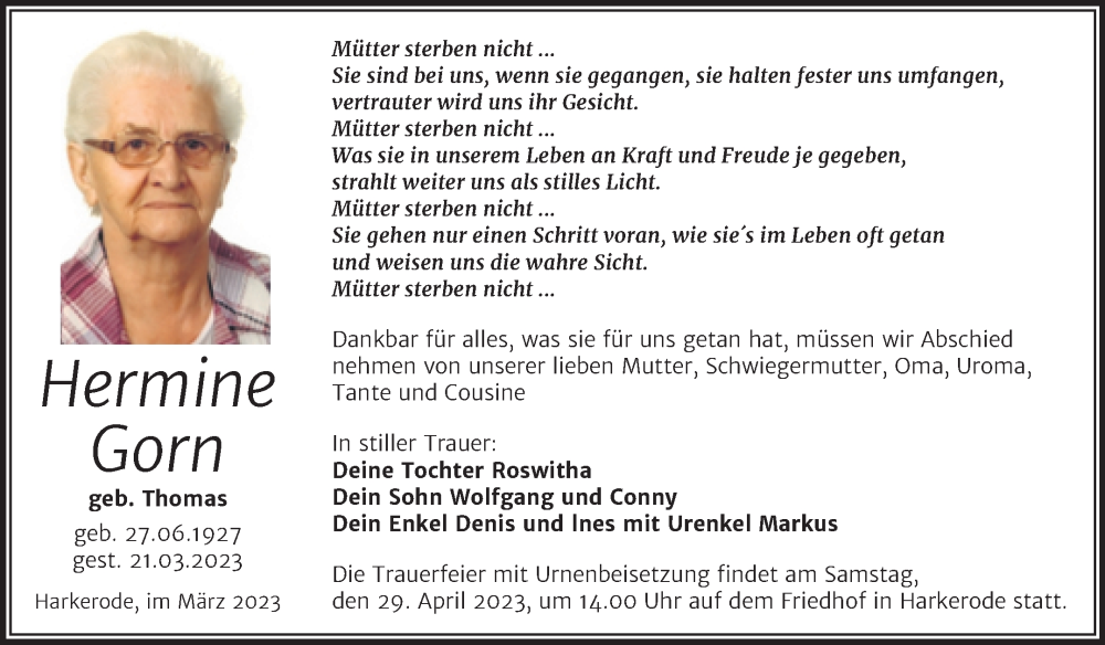  Traueranzeige für Hermine Gorn vom 25.03.2023 aus Trauerkombi Mansfelder Land
