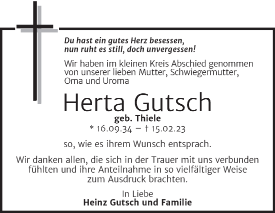 Traueranzeige von Herta Gutsch von Trauerkombi Köthen