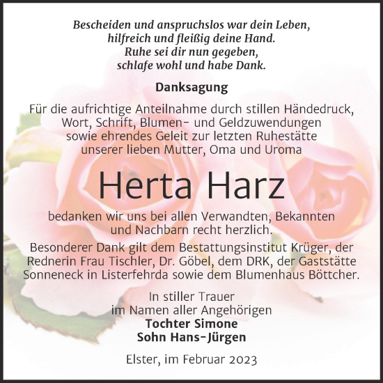 Traueranzeige von Herta Harz von Trauerkombi Wittenberg