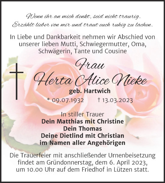 Traueranzeige von Herta Alice Nieke von Mitteldeutsche Zeitung Weißenfels