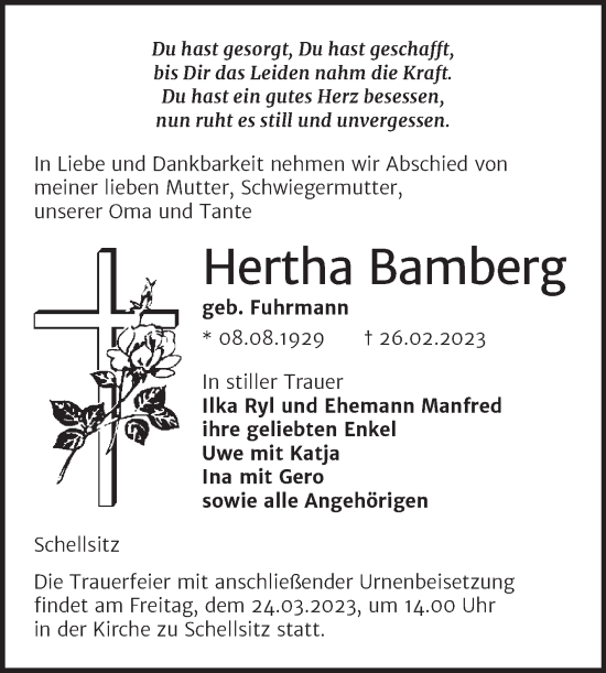 Traueranzeige von Hertha Bamberg von Naumburger Tageblatt