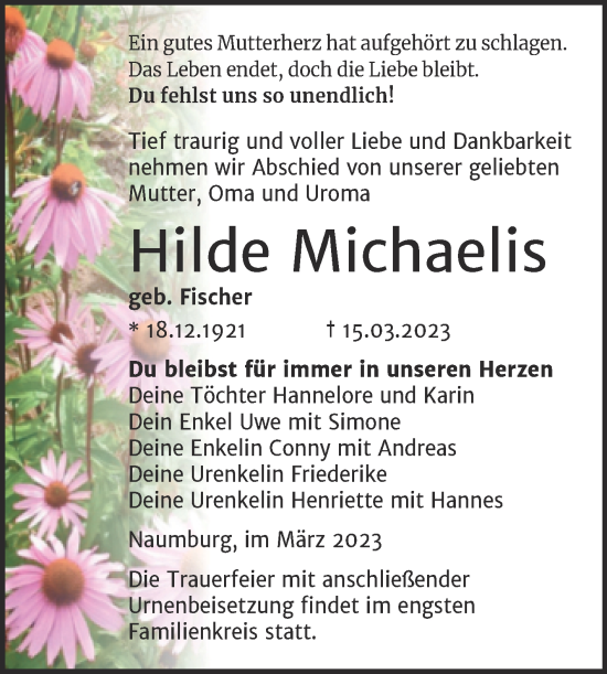 Traueranzeige von Hilde Michaelis von Wochenspiegel Naumburg/Nebra