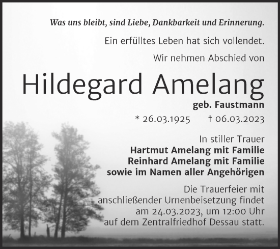 Traueranzeige von Hildegard Amelang von Trauerkombi Dessau