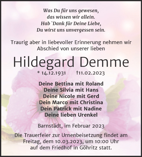 Traueranzeige von Hildegard Demme von Trauerkombi Merseburg