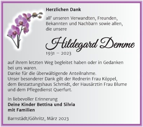 Traueranzeige von Hildegard Demme von Trauerkombi Merseburg