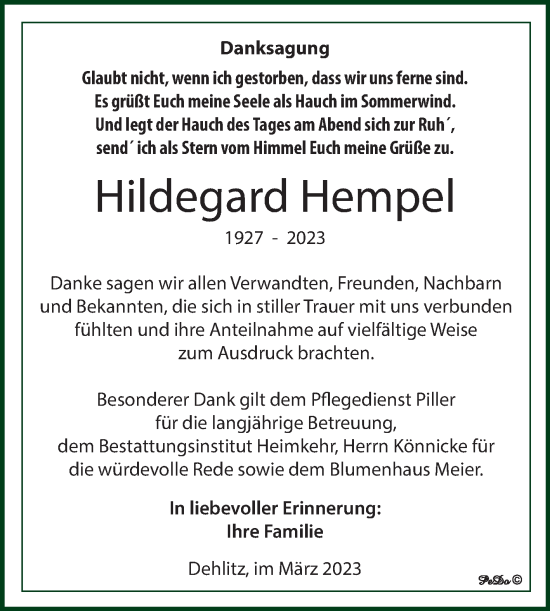 Traueranzeige von Hildegard Hempel von Trauerkombi Weißenfels