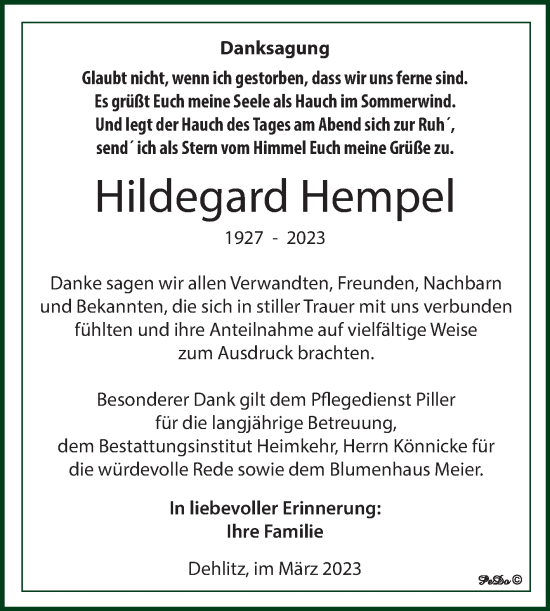 Traueranzeige von Hildegard Hempel von Trauerkombi Weißenfels