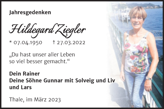 Traueranzeige von Hildegard Ziegler von Trauerkombi Quedlinburg