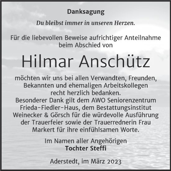 Traueranzeige von Hilmar Anschütz von Trauerkombi Bernburg