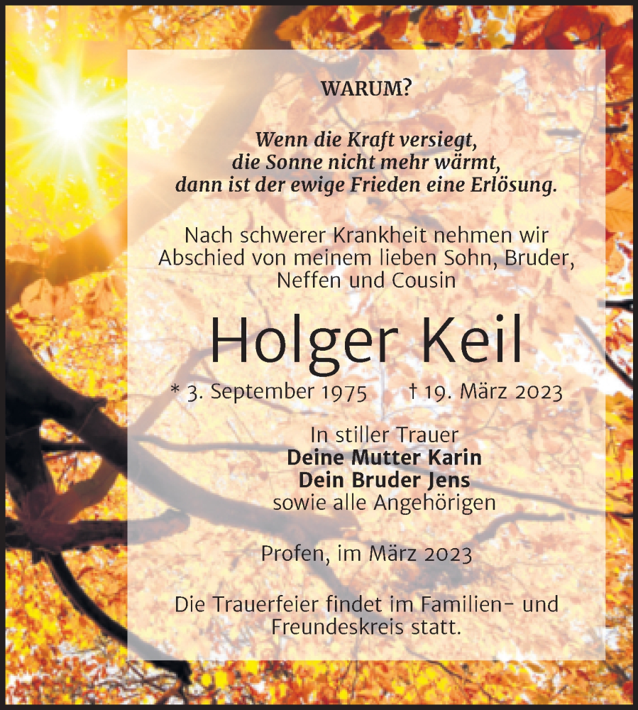  Traueranzeige für Holger Keil vom 25.03.2023 aus Trauerkombi Zeitz