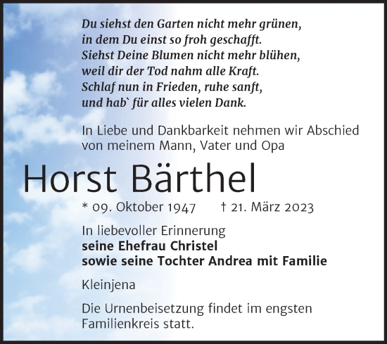 Traueranzeige von Horst Bärthel von Wochenspiegel Naumburg/Nebra
