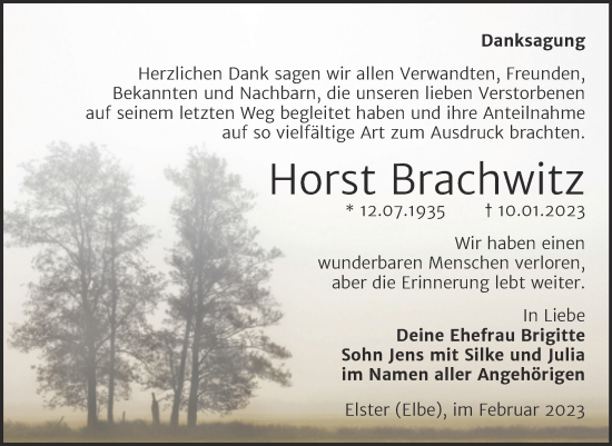 Traueranzeige von Horst Brachwitz von Trauerkombi Wittenberg