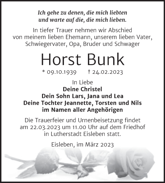 Traueranzeige von Horst Bunk von Trauerkombi Mansfelder Land