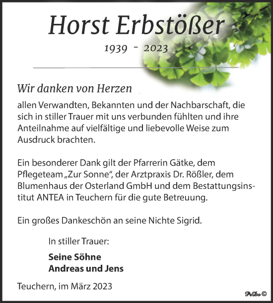 Traueranzeige von Horst Erbstößer von Trauerkombi Weißenfels