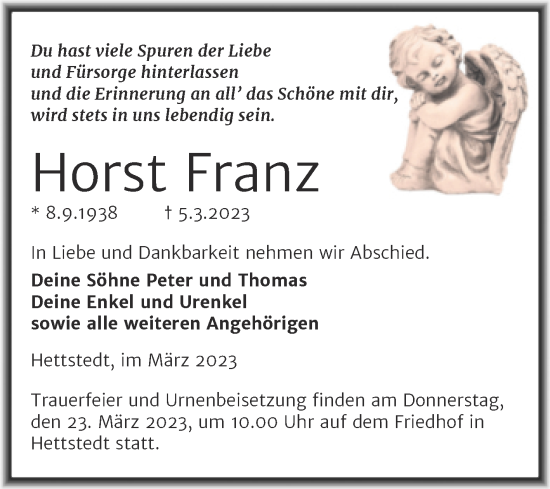Traueranzeige von Horst Franz von Mitteldeutsche Zeitung Mansfelder Land