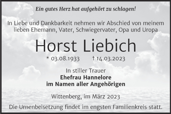 Traueranzeige von Horst Liebich von Trauerkombi Wittenberg