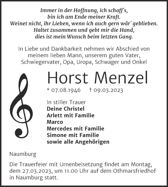 Traueranzeige von Horst Menzel von Naumburger Tageblatt