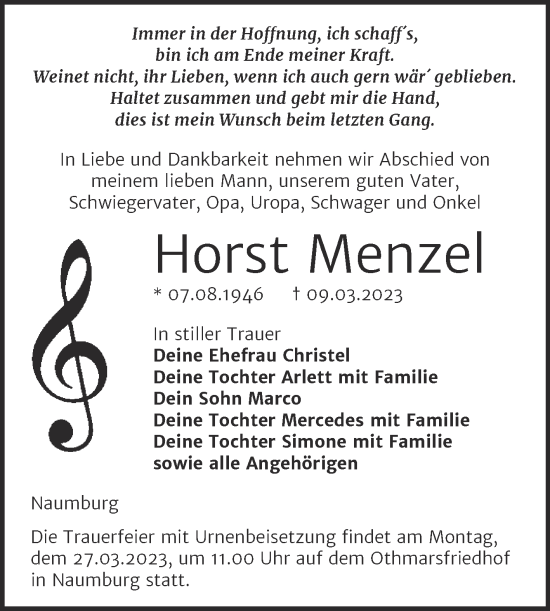Traueranzeige von Horst Menzel von Wochenspiegel Naumburg/Nebra