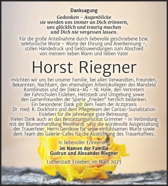 Traueranzeige von Horst Riegner von Trauerkombi Mansfelder Land