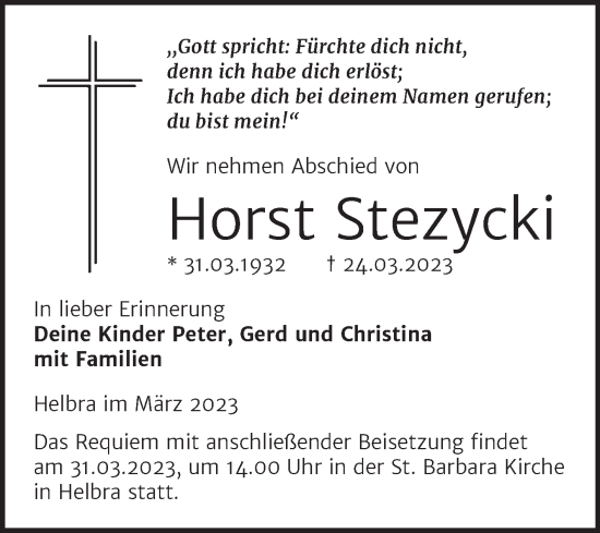 Traueranzeige von Horst Stezycki von Mitteldeutsche Zeitung Mansfelder Land