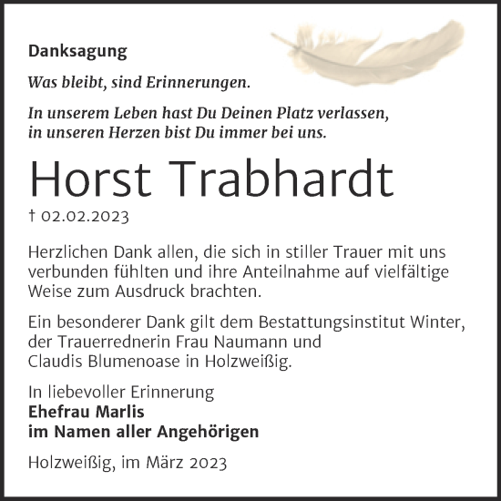 Traueranzeige von Horst Trabhardt von Trauerkombi Bitterfeld