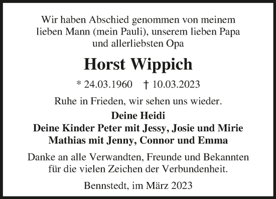 Traueranzeige von Horst Wippich von Mitteldeutsche Zeitung Halle/Saalkreis