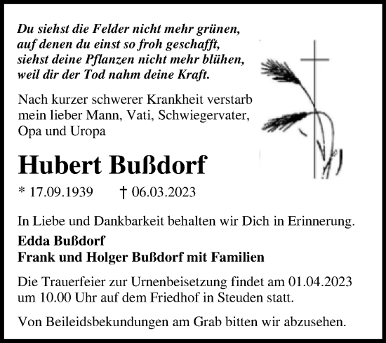 Traueranzeige von Hubert Bußdorf von Mitteldeutsche Zeitung Halle/Saalkreis