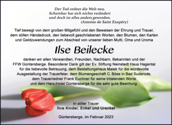 Traueranzeige von Ilse Beilecke von Trauerkombi Quedlinburg
